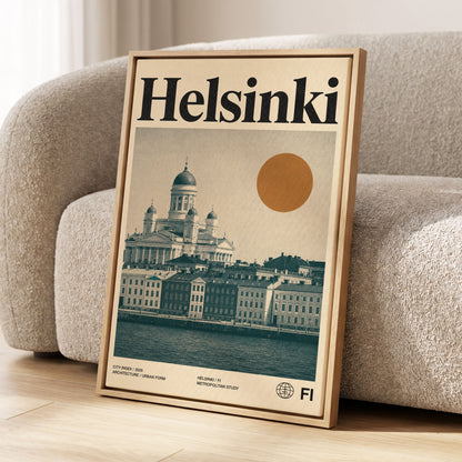 Helsinki Ochre Skyline, beige, green, orange minimalist wall art displayed in a styled interior, gallery view 1