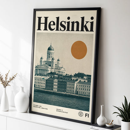 Helsinki Ochre Skyline, beige, green, orange minimalist wall art displayed in a styled interior, gallery view 2