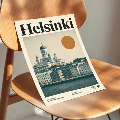 Helsinki Ochre Skyline, beige, green, orange minimalist wall art displayed in a styled interior, gallery view 3