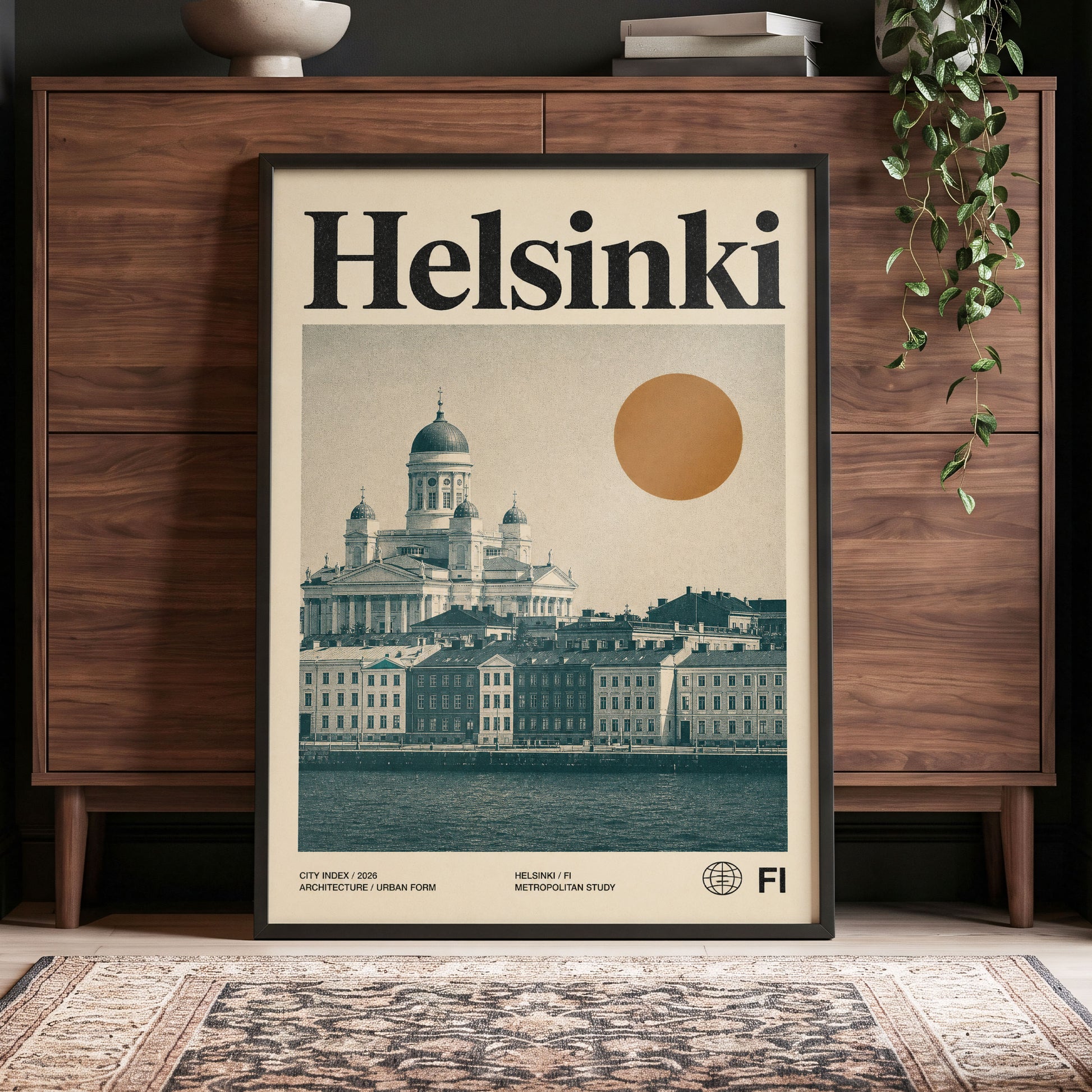 Helsinki Ochre Skyline, beige, green, orange minimalist wall art displayed in a styled interior, gallery view 4
