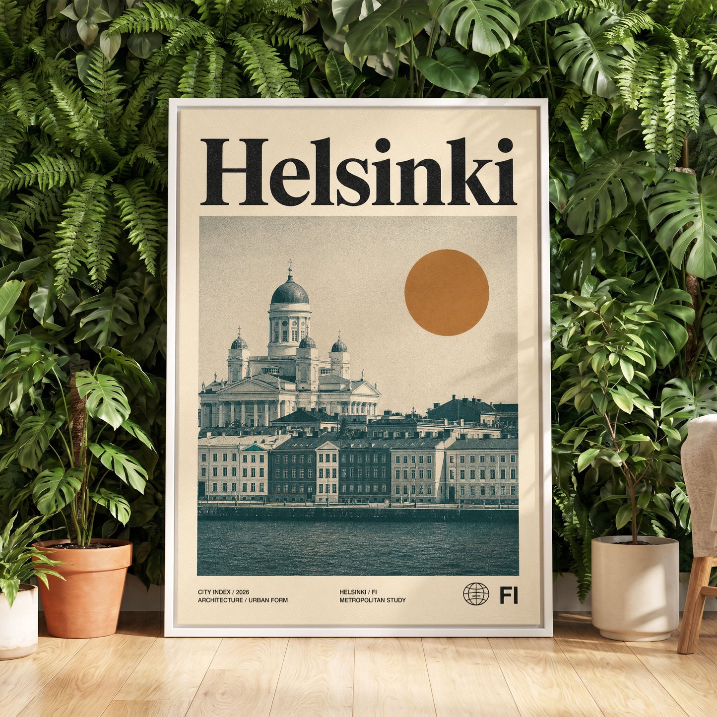 Helsinki Ochre Skyline, beige, green, orange minimalist wall art displayed in a styled interior, gallery view 5