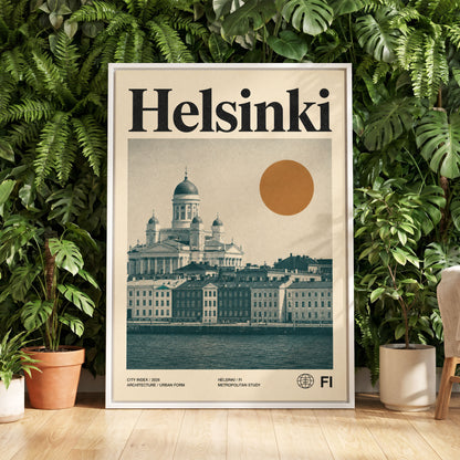 Helsinki Ochre Skyline, beige, green, orange minimalist wall art displayed in a styled interior, gallery view 5