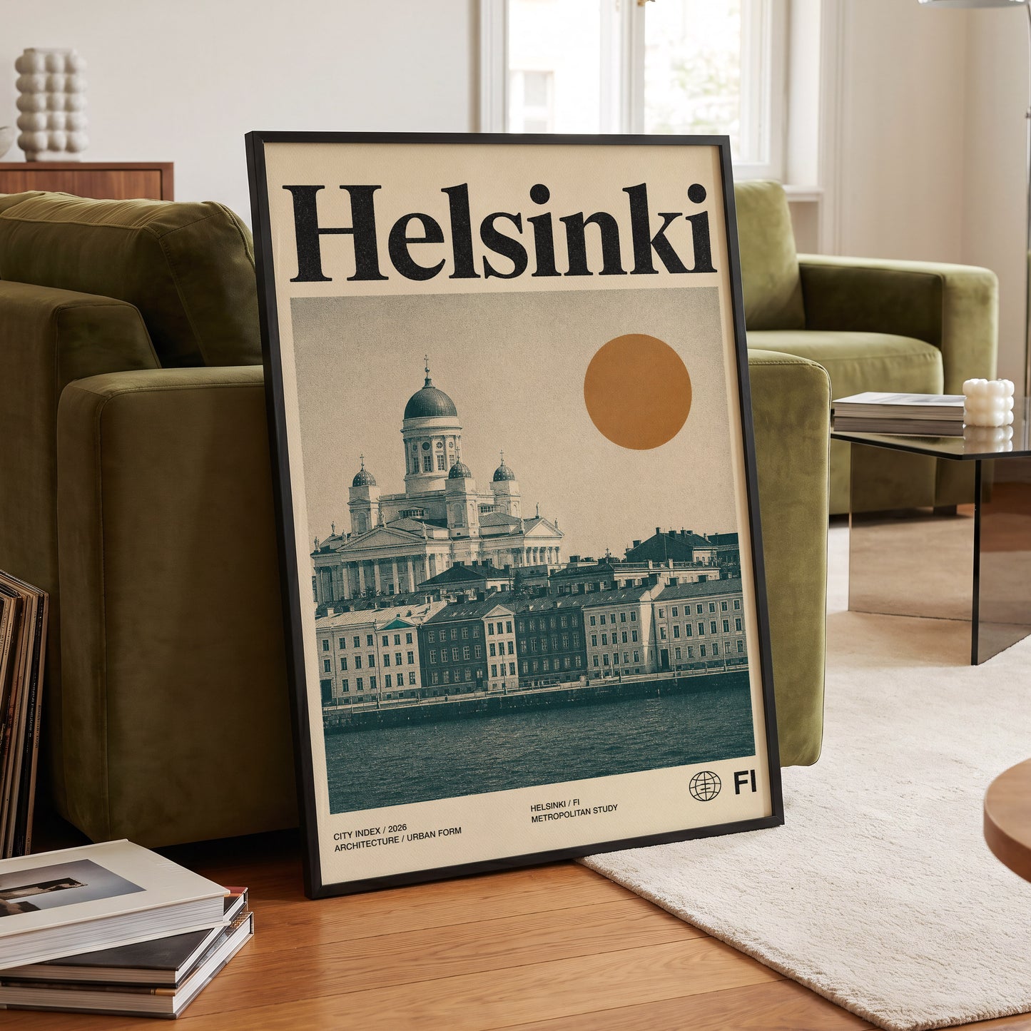 Helsinki Ochre Skyline, beige, green, orange minimalist wall art displayed in a styled interior, gallery view 6