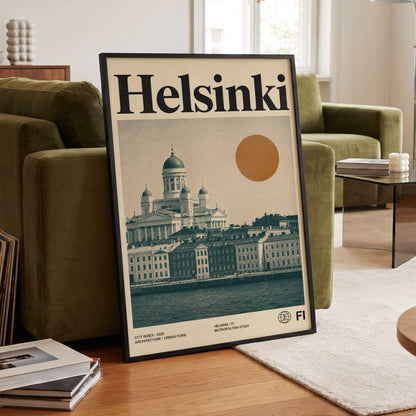 Helsinki Ochre Skyline, beige, green, orange minimalist wall art displayed in a styled interior, gallery view 6