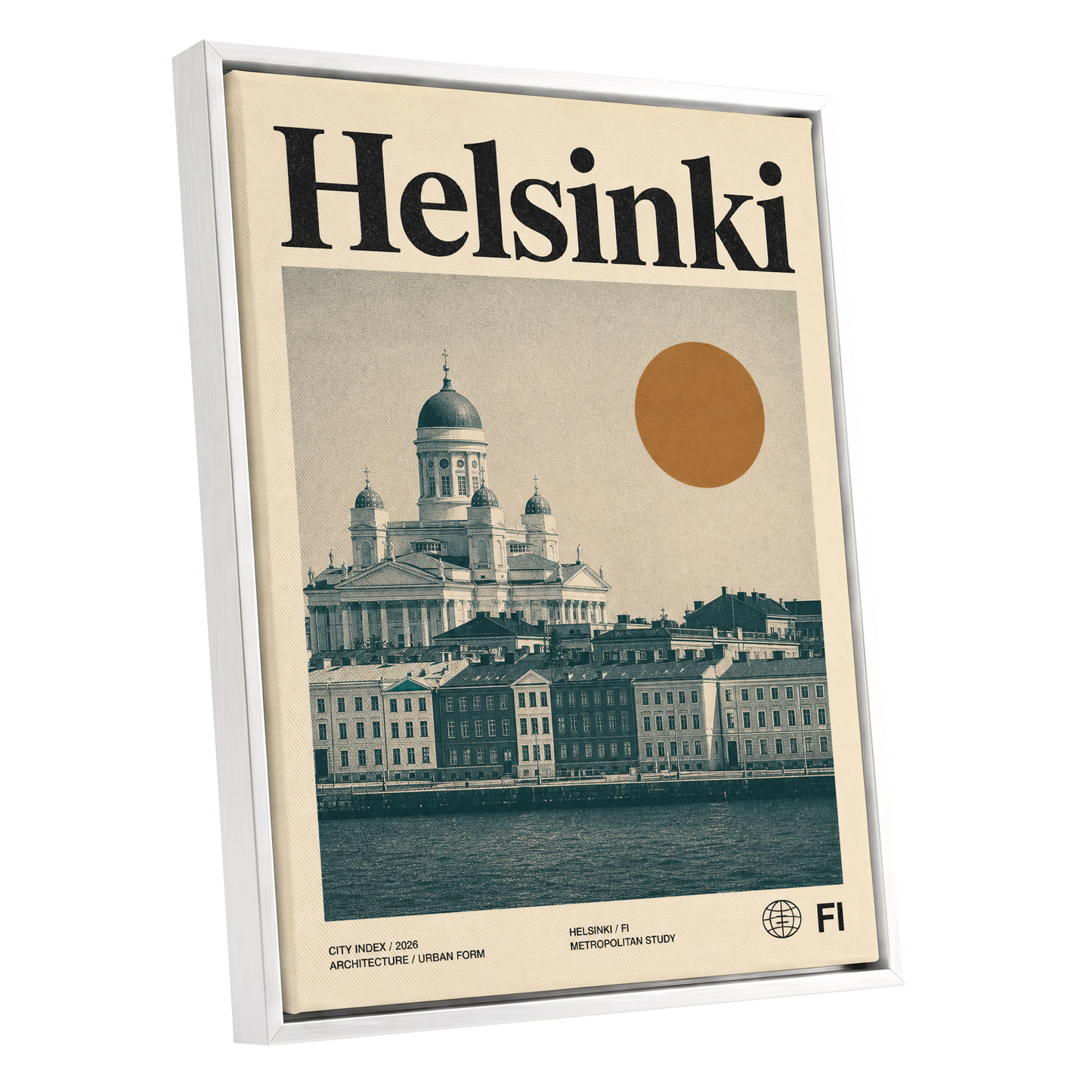 Helsinki Ochre Skyline, beige, green, orange minimalist wall art shown as a white framed canvas wall art