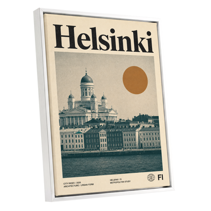Helsinki Ochre Skyline, beige, green, orange minimalist wall art shown as a white framed canvas wall art