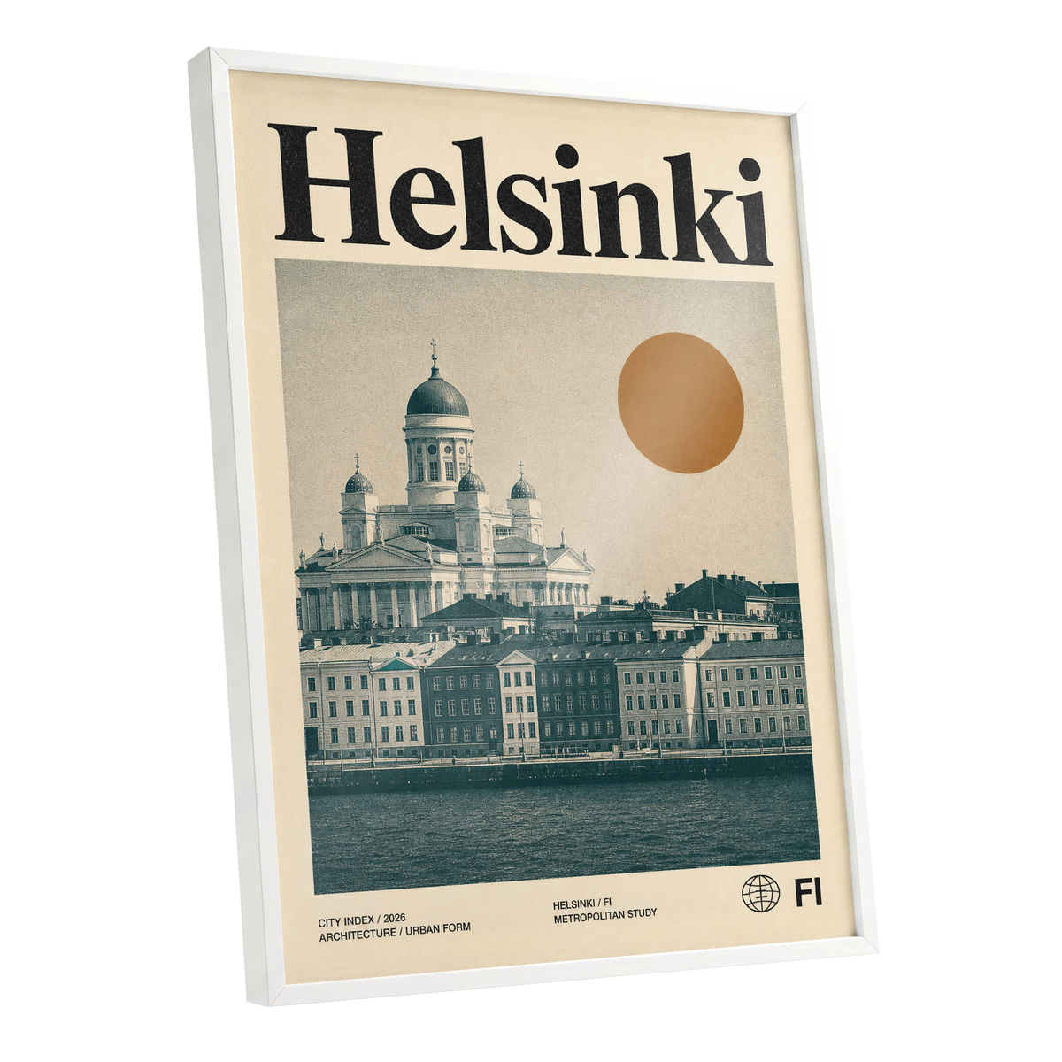 Helsinki Ochre Skyline, beige, green, orange minimalist wall art shown as a white framed poster wall art print