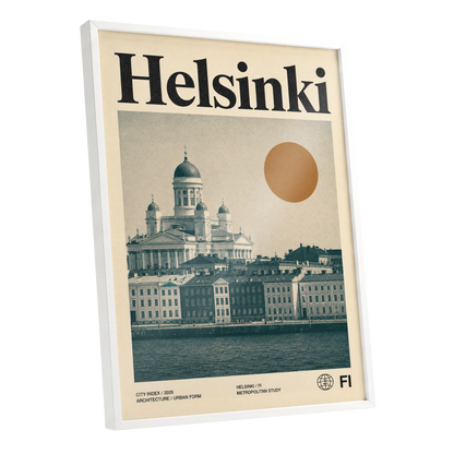 Helsinki Ochre Skyline, beige, green, orange minimalist wall art shown as a white framed poster wall art print