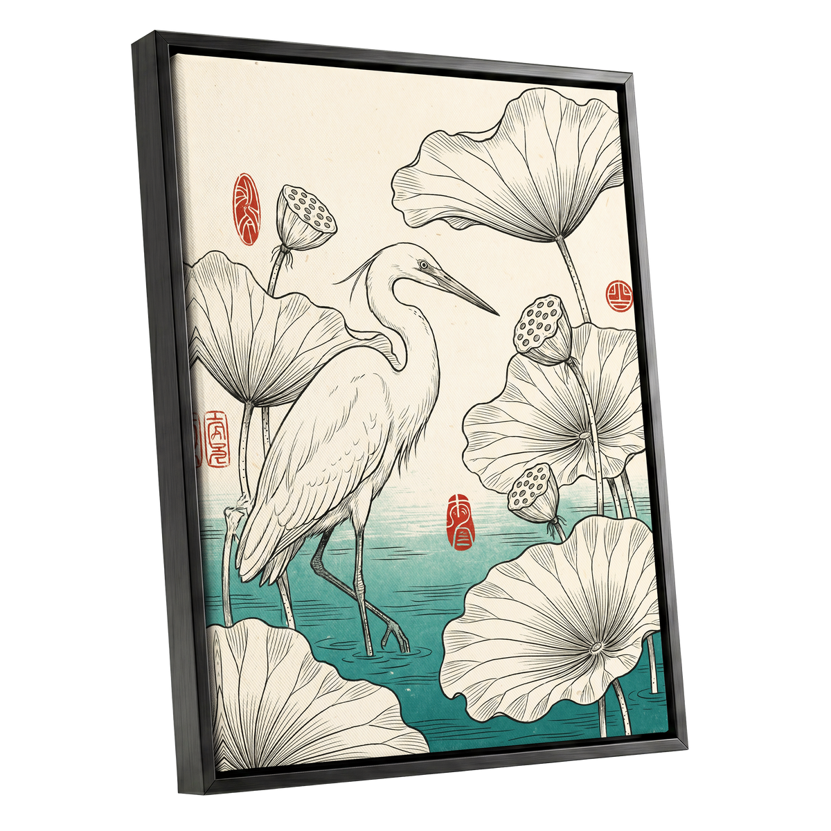 Heron Among Lotus, beige, black, green nature wall art shown as a black framed canvas wall art