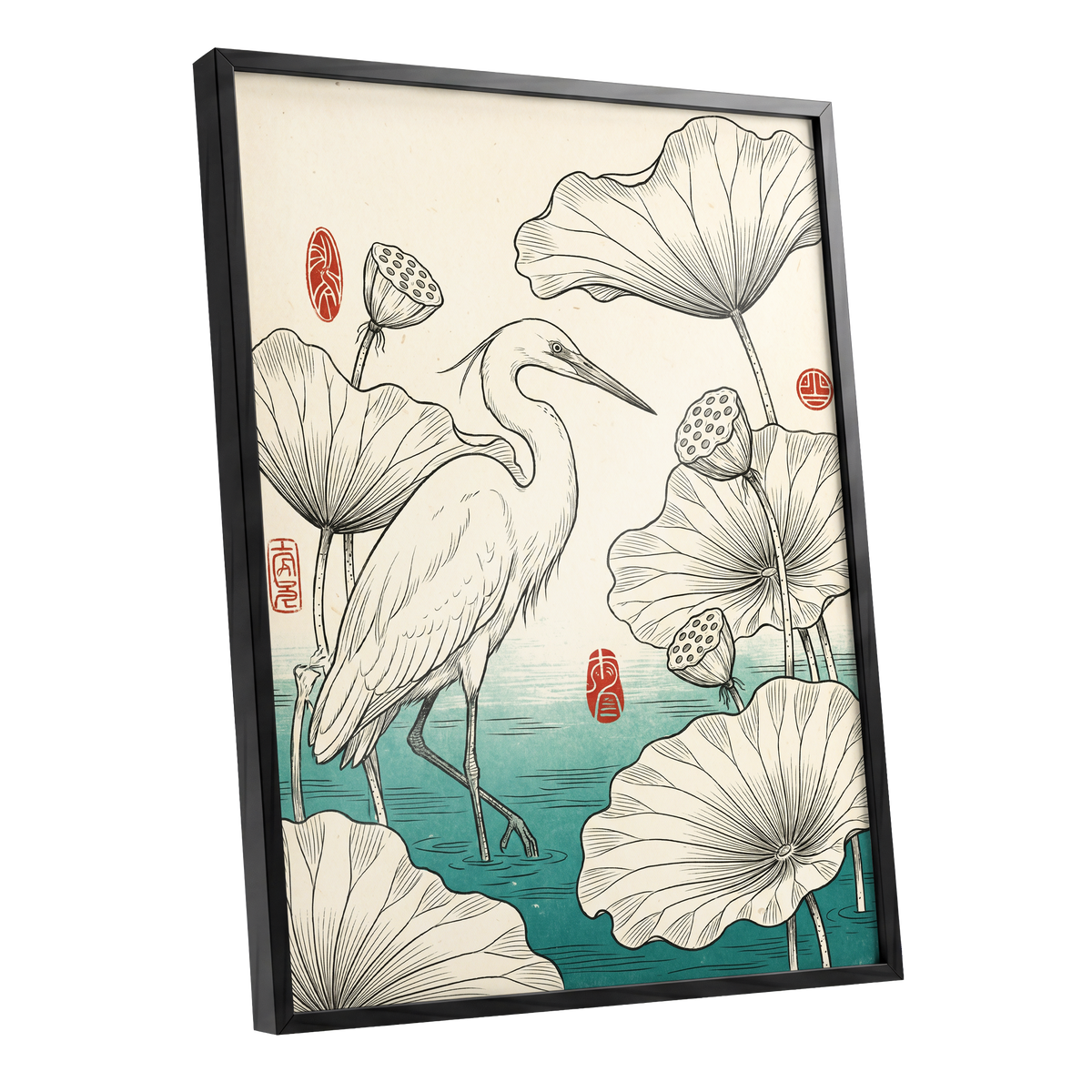 Heron Among Lotus, beige, black, green nature wall art shown as a black framed poster wall art print