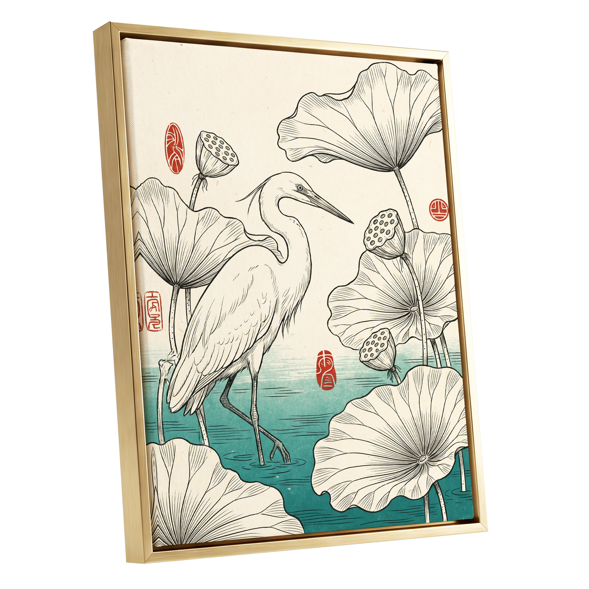 Heron Among Lotus, beige, black, green nature wall art shown as a gold framed canvas wall art