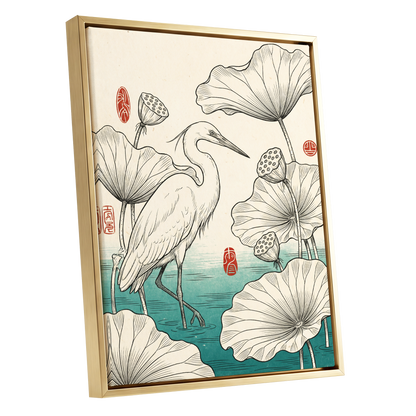 Heron Among Lotus, beige, black, green nature wall art shown as a gold framed canvas wall art