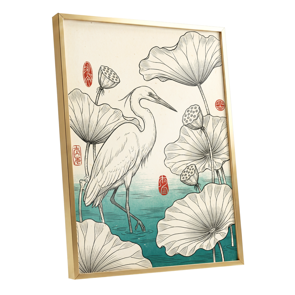 Heron Among Lotus, beige, black, green nature wall art shown as a gold framed poster wall art print