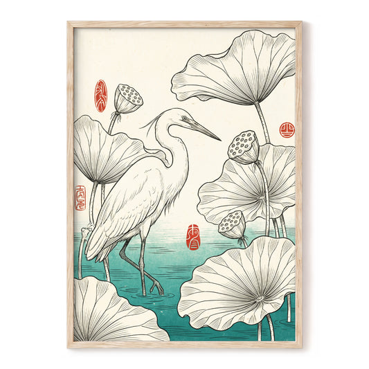 Heron Among Lotus, beige, black, green nature wall art, front artwork view