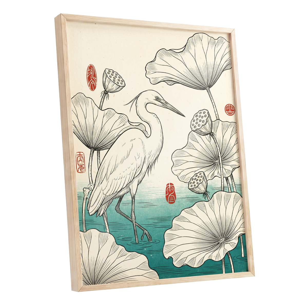 Heron Among Lotus, beige, black, green nature wall art shown as a oak framed poster wall art print