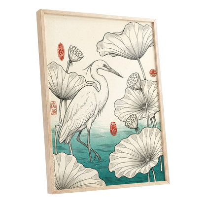 Heron Among Lotus, beige, black, green nature wall art shown as a oak framed poster wall art print