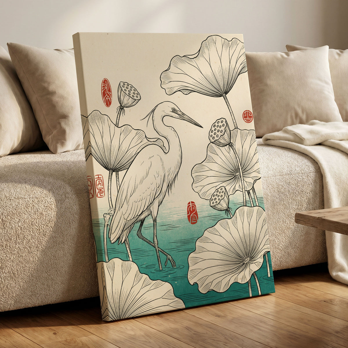 Heron Among Lotus, beige, black, green nature wall art displayed in a styled interior, gallery view 3