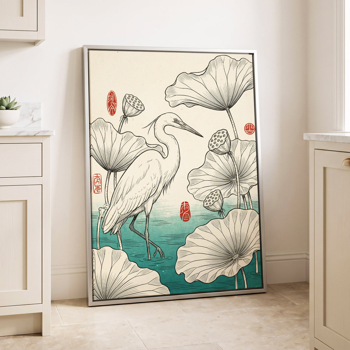 Heron Among Lotus, beige, black, green nature wall art displayed in a styled interior, gallery view 4