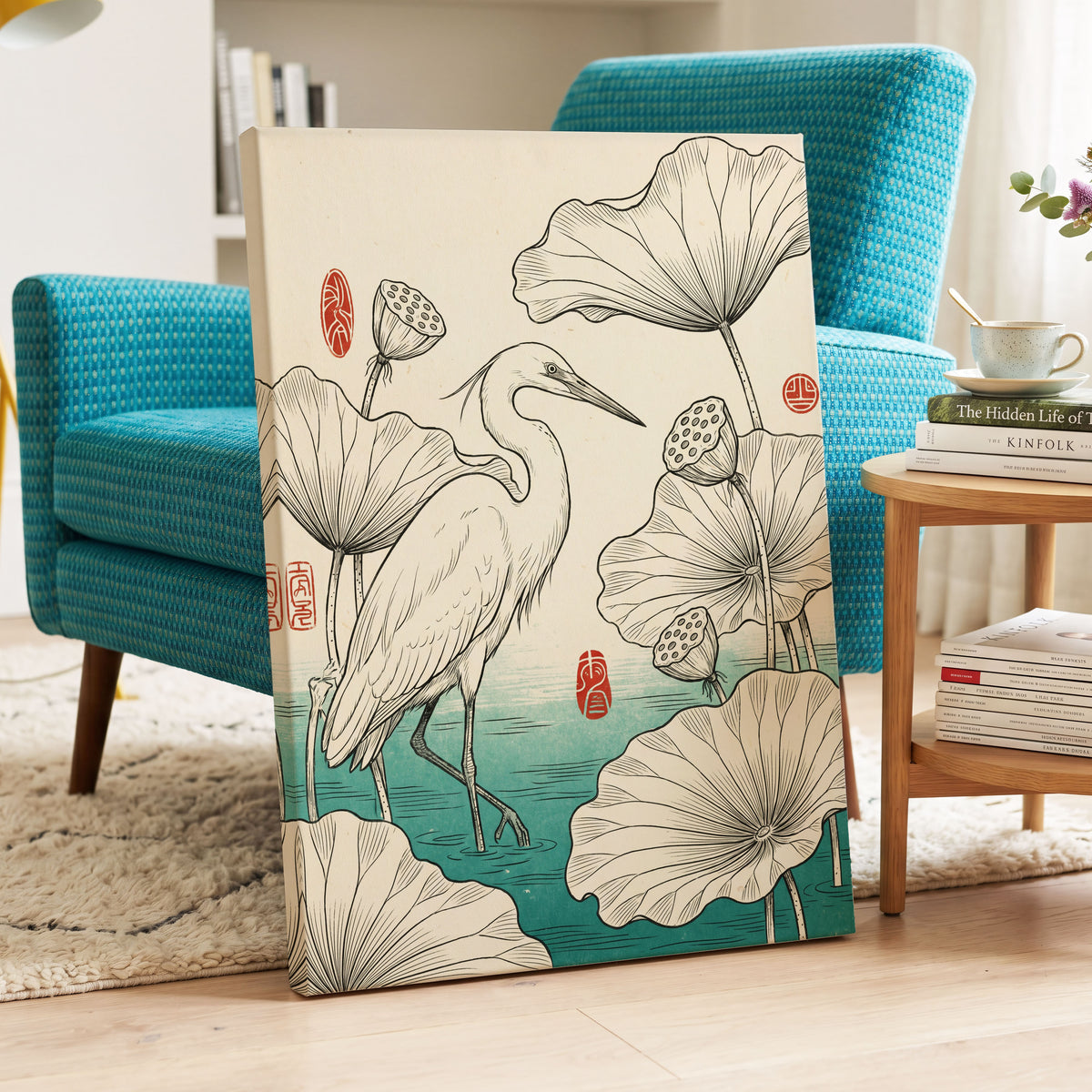 Heron Among Lotus, beige, black, green nature wall art displayed in a styled interior, gallery view 7
