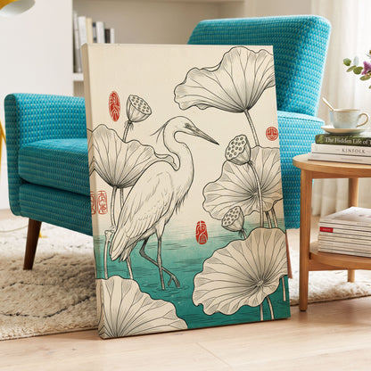 Heron Among Lotus, beige, black, green nature wall art displayed in a styled interior, gallery view 7