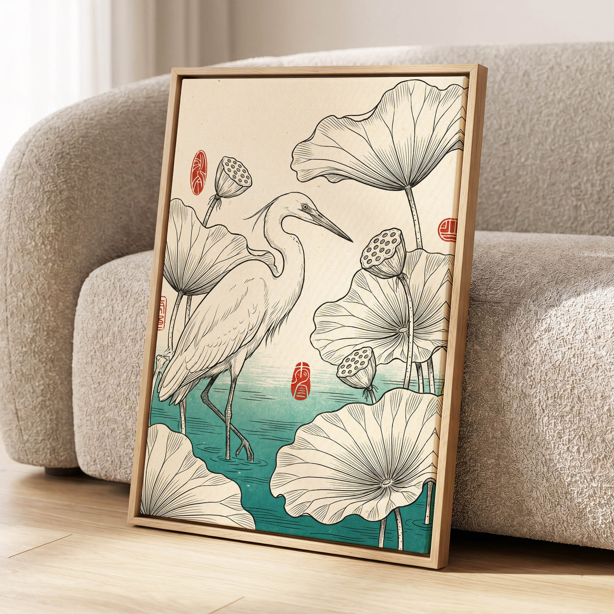 Heron Among Lotus, beige, black, green nature wall art displayed in a styled interior, gallery view 8