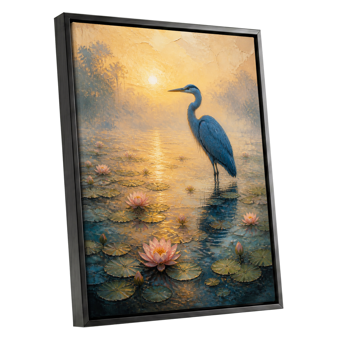 Heron at Golden Dawn, blue, gold, pink nature wall art shown as a black framed canvas wall art