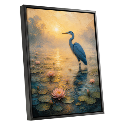 Heron at Golden Dawn, blue, gold, pink nature wall art shown as a black framed canvas wall art
