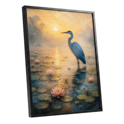 Heron at Golden Dawn, blue, gold, pink nature wall art shown as a black framed poster wall art print