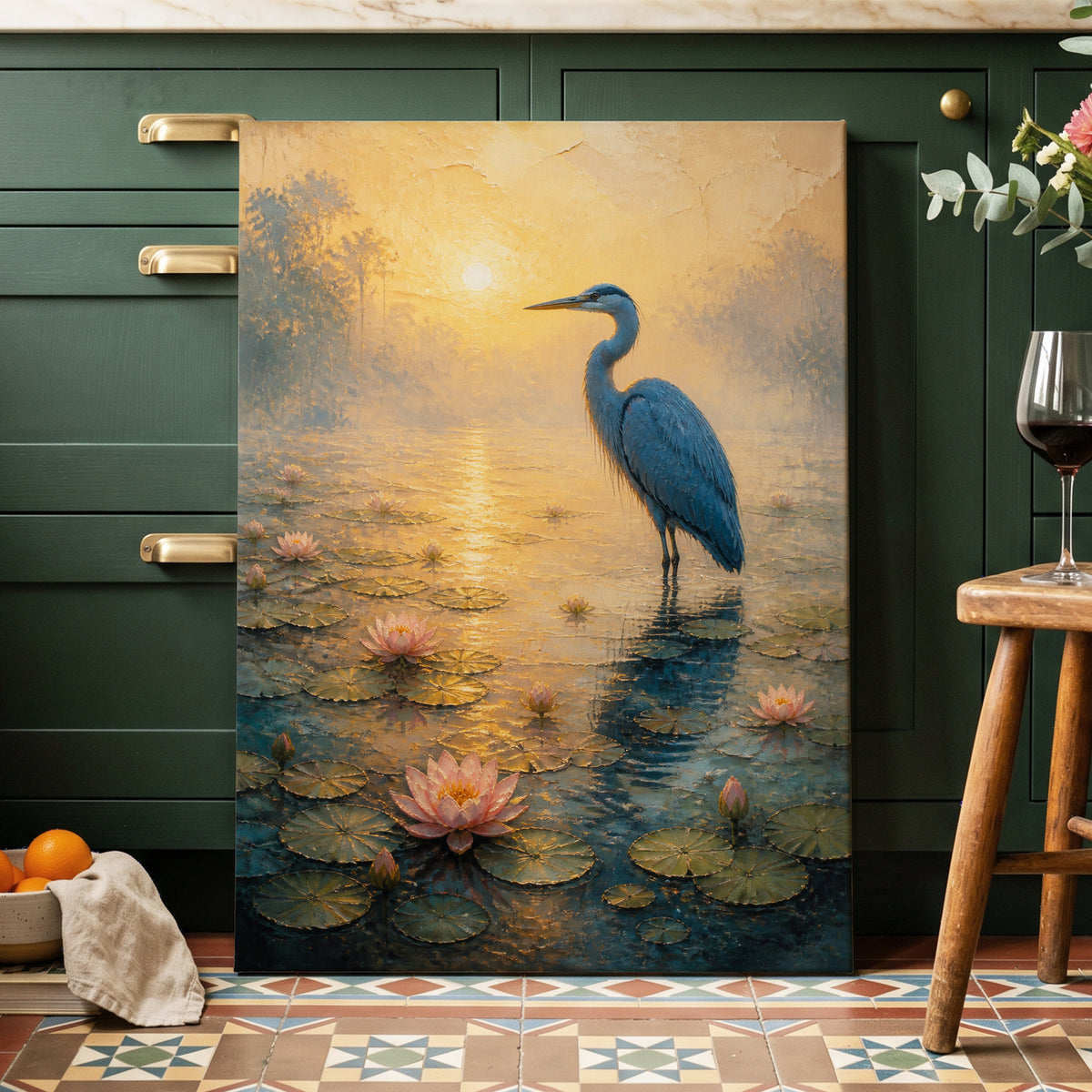 Heron at Golden Dawn, blue, gold, pink nature wall art on canvas displayed in a styled interior, gallery view 1
