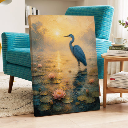 Heron at Golden Dawn, blue, gold, pink nature wall art on canvas displayed in a styled interior, gallery view 2