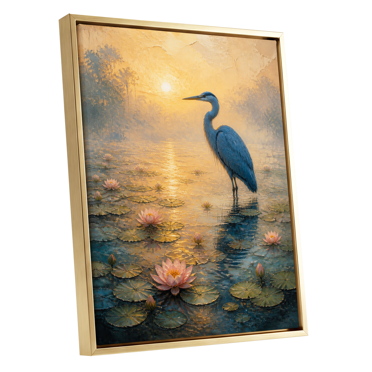 Heron at Golden Dawn, blue, gold, pink nature wall art shown as a gold framed canvas wall art