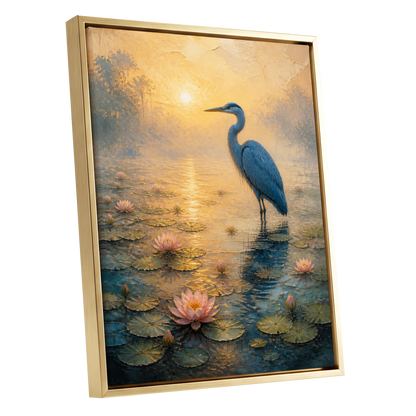 Heron at Golden Dawn, blue, gold, pink nature wall art shown as a gold framed canvas wall art