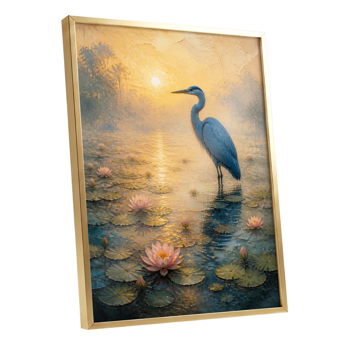 Heron at Golden Dawn, blue, gold, pink nature wall art shown as a gold framed poster wall art print