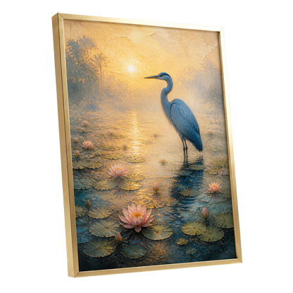 Heron at Golden Dawn, blue, gold, pink nature wall art shown as a gold framed poster wall art print
