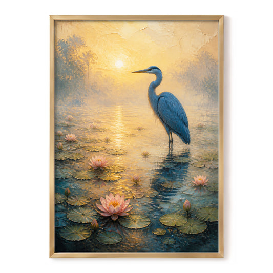 Heron at Golden Dawn, blue, gold, pink nature wall art, front artwork view