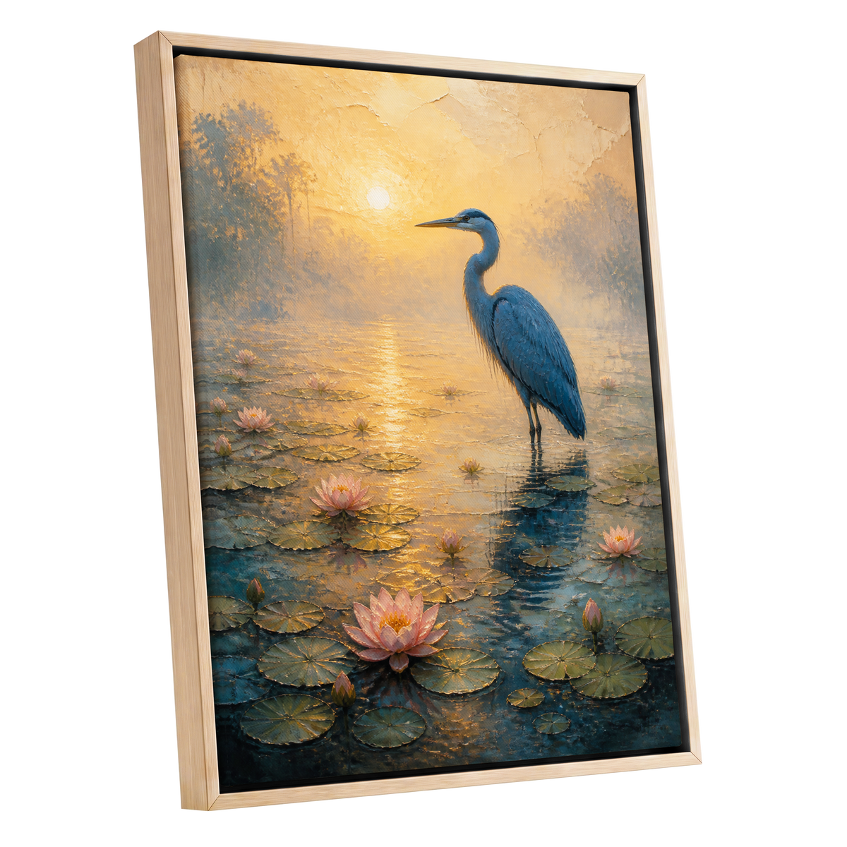 Heron at Golden Dawn, blue, gold, pink nature wall art shown as a oak framed canvas wall art