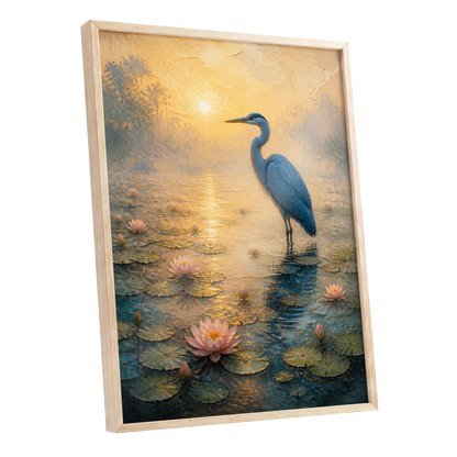Heron at Golden Dawn, blue, gold, pink nature wall art shown as a oak framed poster wall art print