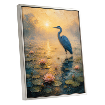 Heron at Golden Dawn, blue, gold, pink nature wall art shown as a silver framed canvas wall art