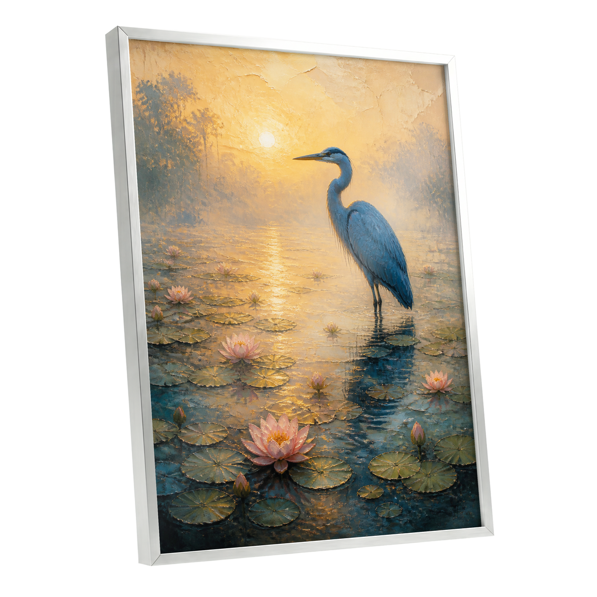 Heron at Golden Dawn, blue, gold, pink nature wall art shown as a silver framed poster wall art print