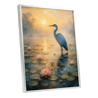 Heron at Golden Dawn, blue, gold, pink nature wall art shown as a silver framed poster wall art print