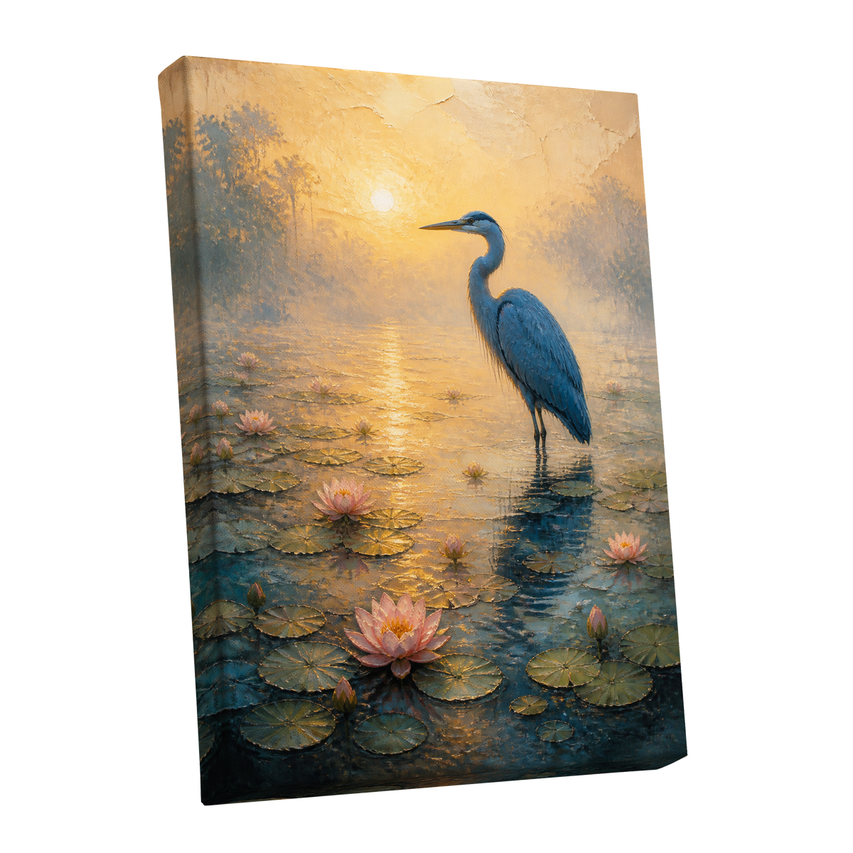 Heron at Golden Dawn, blue, gold, pink nature wall art shown as a stretched canvas wall art
