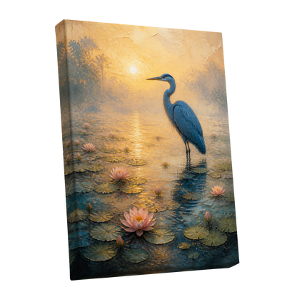 Heron at Golden Dawn, blue, gold, pink nature wall art shown as a stretched canvas wall art