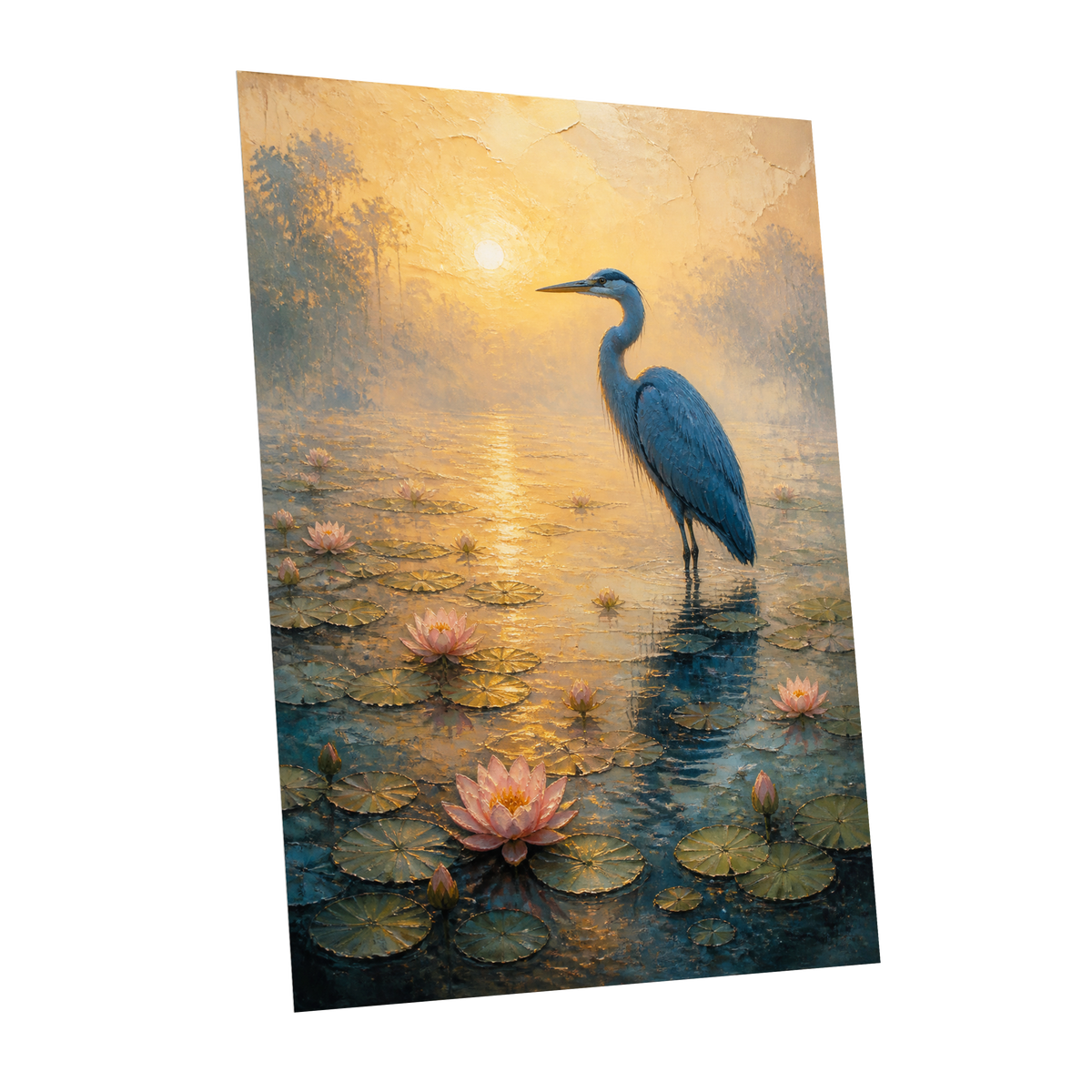 Heron at Golden Dawn, blue, gold, pink nature wall art shown as a unframed poster wall art print