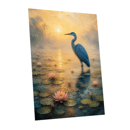 Heron at Golden Dawn, blue, gold, pink nature wall art shown as a unframed poster wall art print