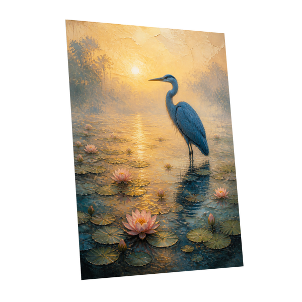 Heron at Golden Dawn, blue, gold, pink nature wall art shown as a unframed poster wall art print