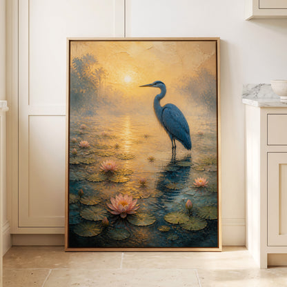 Heron at Golden Dawn, blue, gold, pink nature wall art displayed in a styled interior, gallery view 1