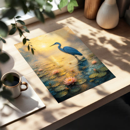 Heron at Golden Dawn, blue, gold, pink nature wall art displayed in a styled interior, gallery view 2