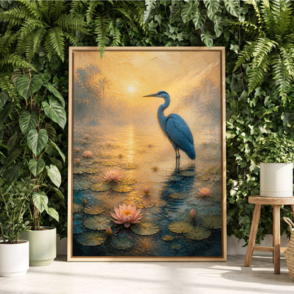 Heron at Golden Dawn, blue, gold, pink nature wall art displayed in a styled interior, gallery view 3