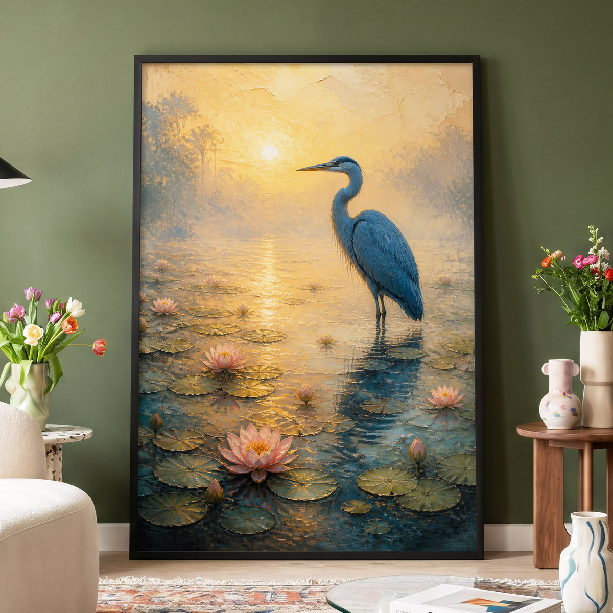 Heron at Golden Dawn, blue, gold, pink nature wall art displayed in a styled interior, gallery view 4