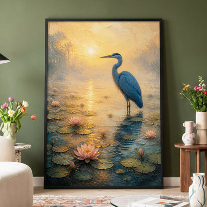 Heron at Golden Dawn, blue, gold, pink nature wall art displayed in a styled interior, gallery view 4